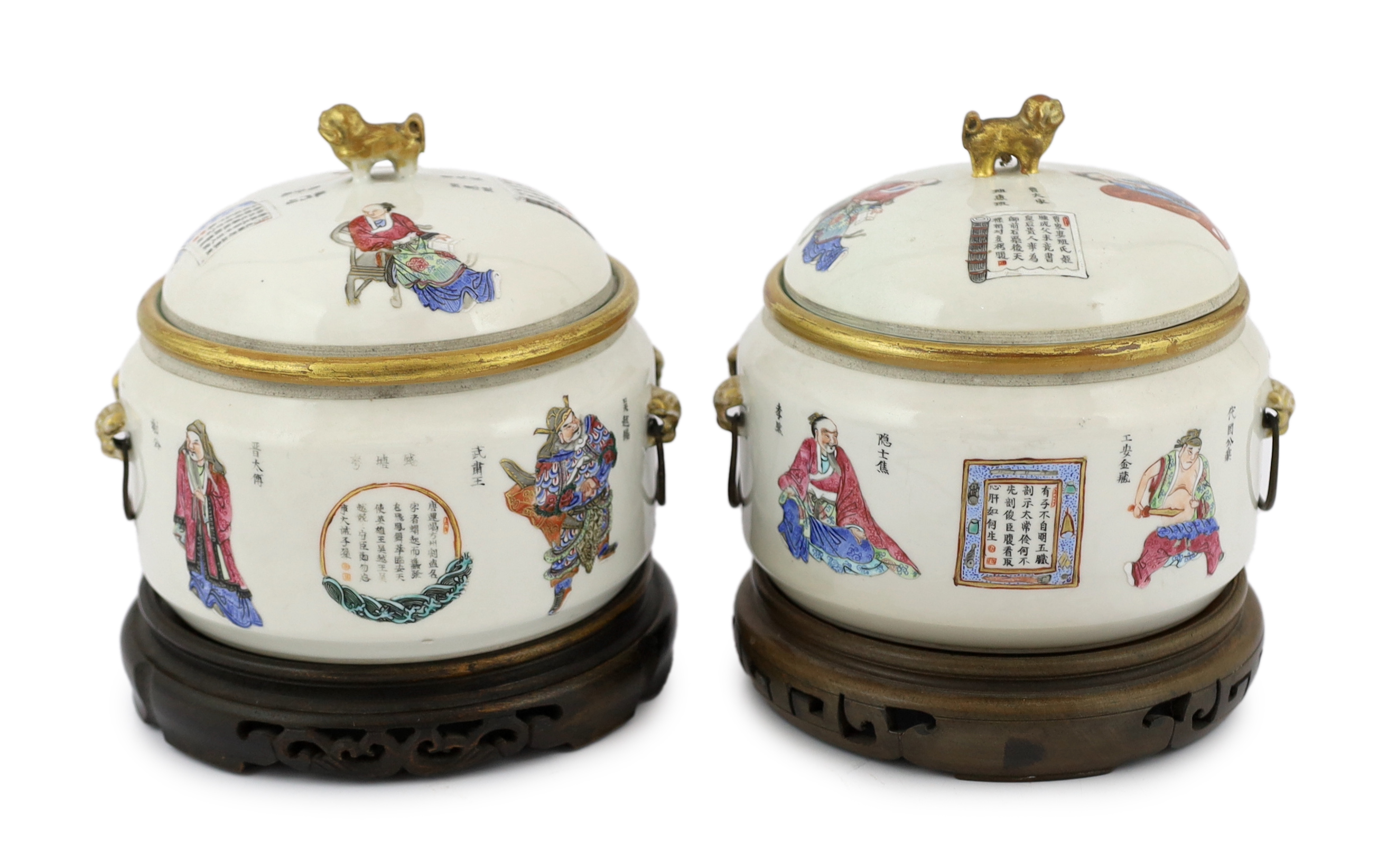 A pair of Chinese famille rose 'Wu Shuang Pu' porridge pots, liners and covers, Daoguang seal marks and of the period (1821-50), star crack to one base